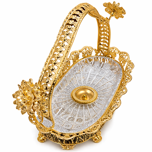 Luxury Crystal Serving Tray with Ornate Gold Basket Handle