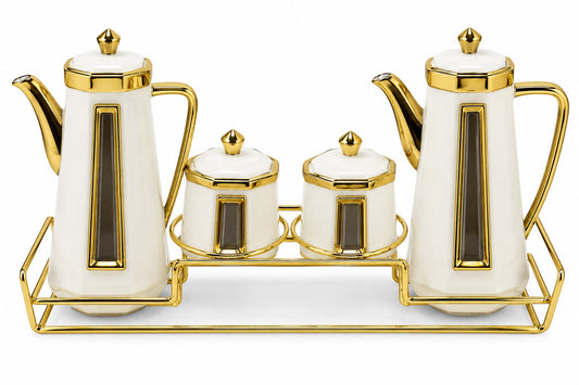 4-Piece White & Gold Luxury Tea & Coffee Pot Set with 2 Lidded Containers & Gold Display Rack