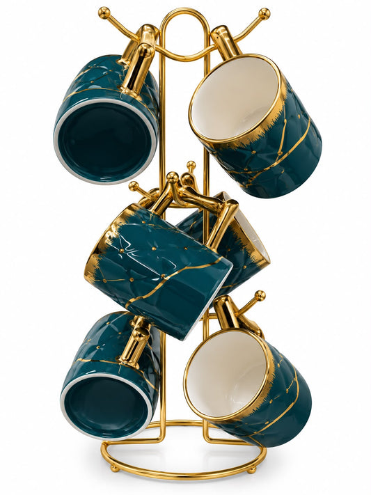 Luxury Teal & Gold Marble-Design Coffee Mug Set with Hanging Display Stand, 6-Piece
