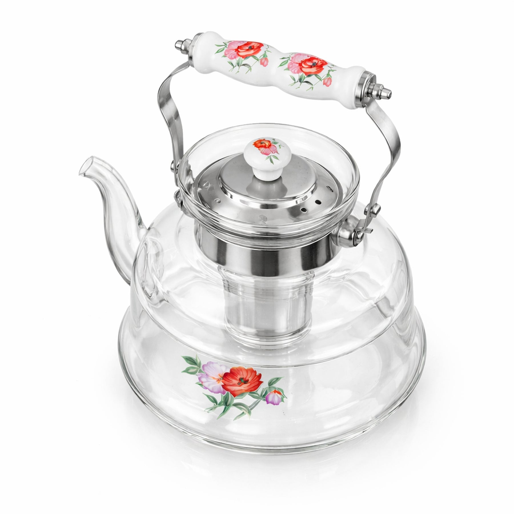 Floral Glass Tea Kettle with Ceramic Handle & Stainless Steel Infuser - 1400ml