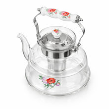 Floral Glass Tea Kettle with Ceramic Handle & Stainless Steel Infuser - 1400ml