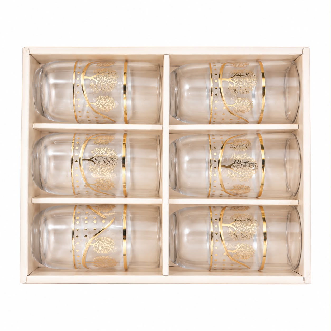 Decorative Highball Tumbler Set – 6 Glasses with Gold Tree & Silver Accent Pattern