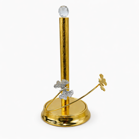 Decorative Gold Paper Towel Holder with Crystal Top & Floral Accent