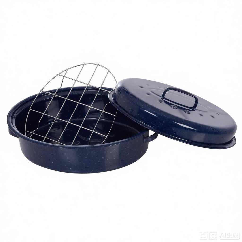 15" Oval Covered Roaster with Metal Grate - Navy Blue | Oven-Safe Non-Stick Bakeware