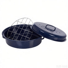 15" Oval Covered Roaster with Metal Grate - Navy Blue | Oven-Safe Non-Stick Bakeware
