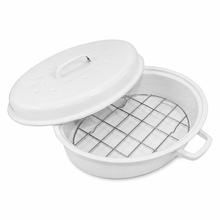 15" Oval Covered Roaster with Metal Grate - Ivory| Oven-Safe Non-Stick Bakeware