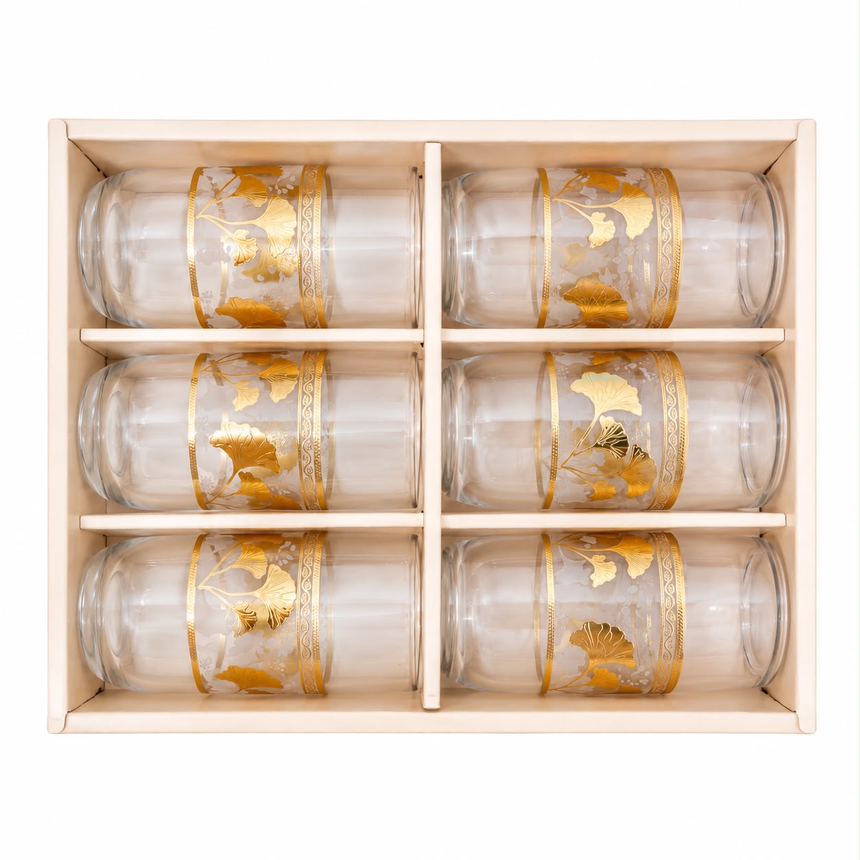 Modern 6-Piece Water & Juice Glass Set – Gold Ginkgo Leaf Decorative Design
