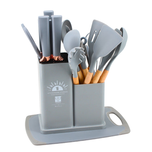 Multi-Function Silicone Kitchen Utensil & Knife Storage Set with Cutting Board - Light Gray