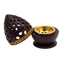 Honeycomb Pattern Incense Burner with Gold Inner Cup and Pierced Dome Lid - Dark Brown