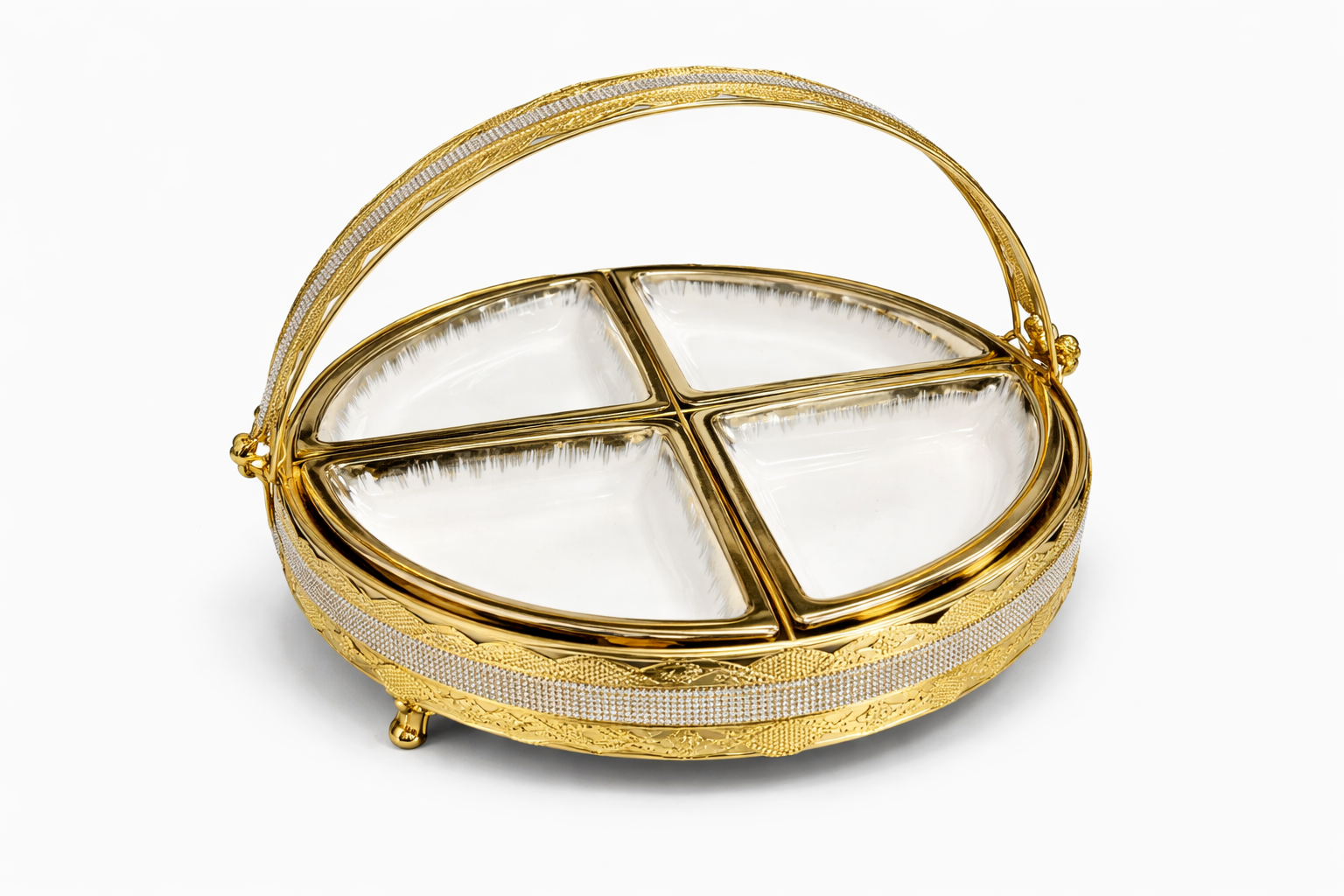 Luxury 4-Section Ceramic Snack Serving Tray with Gold Basket Handle