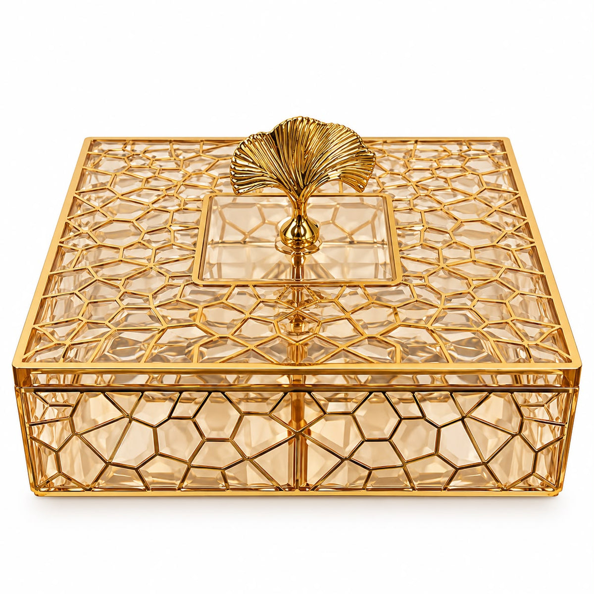 Luxury Gold & Light Amber Geometric Covered Serving Box with Decorative Leaf Handle – 10" Square