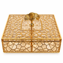 Luxury Gold & Light Amber Geometric Covered Serving Box with Decorative Leaf Handle – 10" Square
