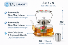 Floral Glass Tea Kettle with Ceramic Handle & Stainless Steel Infuser - 1400ml