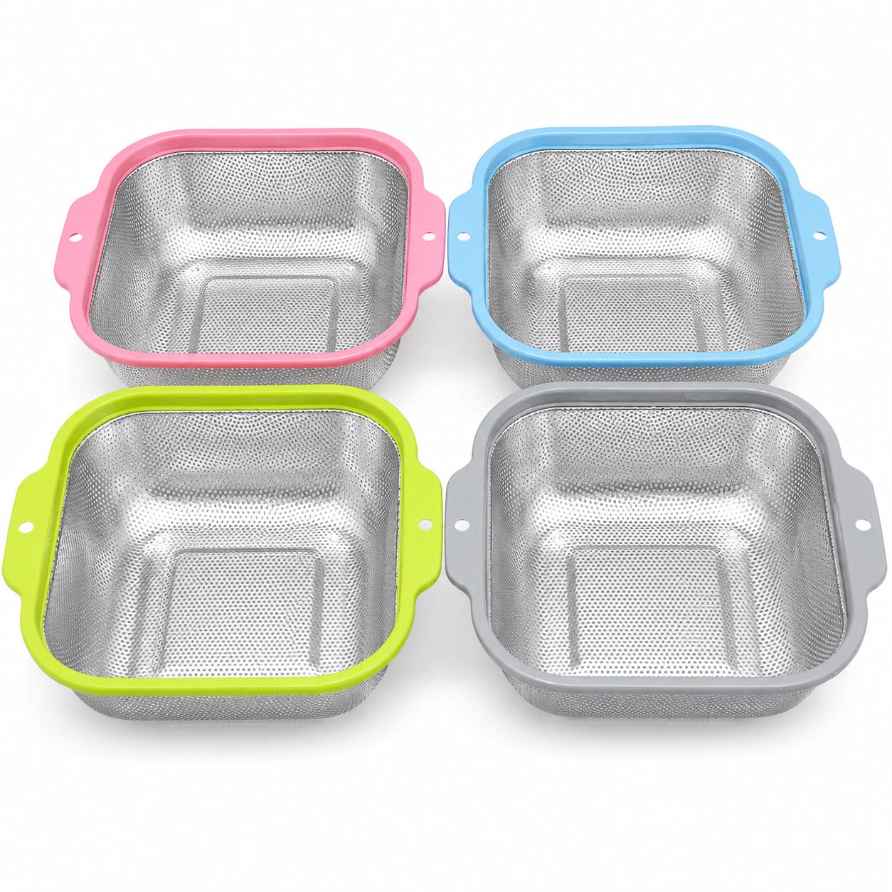 4-Piece XL Stainless Steel Square Mesh Strainer with Color-Coated Handles – Kitchen Colander for Washing, Draining & Rinsing Fruits and Vegetables