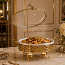 Gold Metal Stand Server with Ceramic Bowl and Glass Lid - 18.25