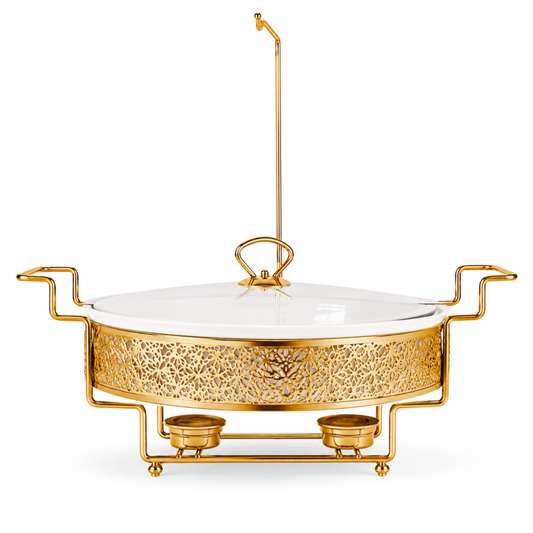 Gold-Tone Buffet Server with Ceramic Bowl, Glass Lid and Metal Stand, 18.25 Inch