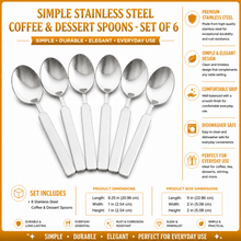 Simple Stainless Steel Coffee & Dessert Spoons - Set of 6