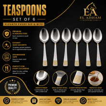 Polished Stainless Steel Teaspoons with Gold Trim - Set of 6