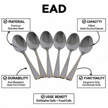 Stainless Steel Flatware Teaspoons with Gold Trim Design - Set of 6