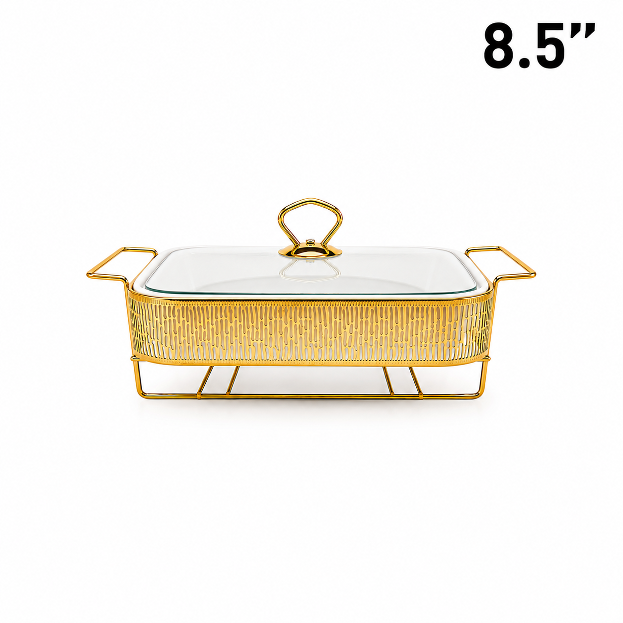 Elegant Stripe Pattern Gold Rectangular Serving Dish with Glass Lid and Metal Stand - 8.5"