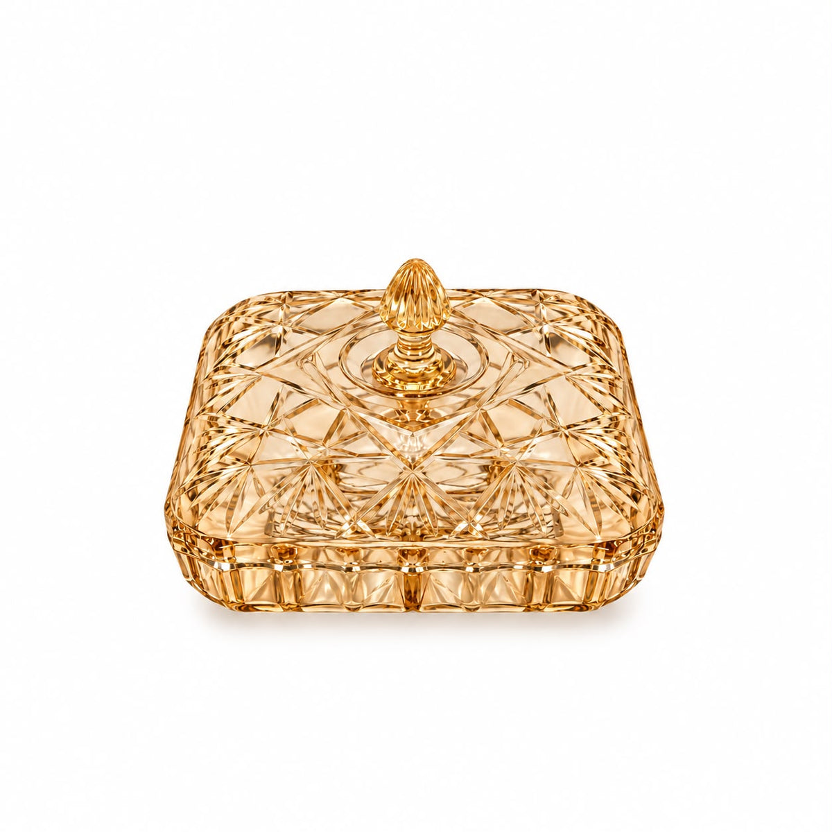 Luxury Light Amber Cut-Pattern Covered Serving Dish with Decorative Lid – 10" Square
