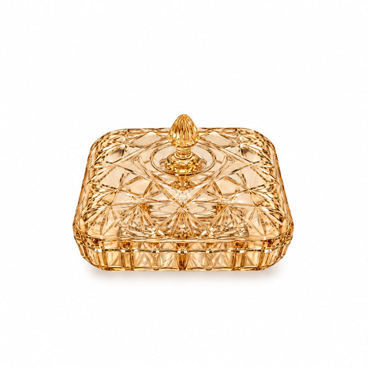 Luxury Light Amber Cut-Pattern Covered Serving Dish with Decorative Lid – 10" Square