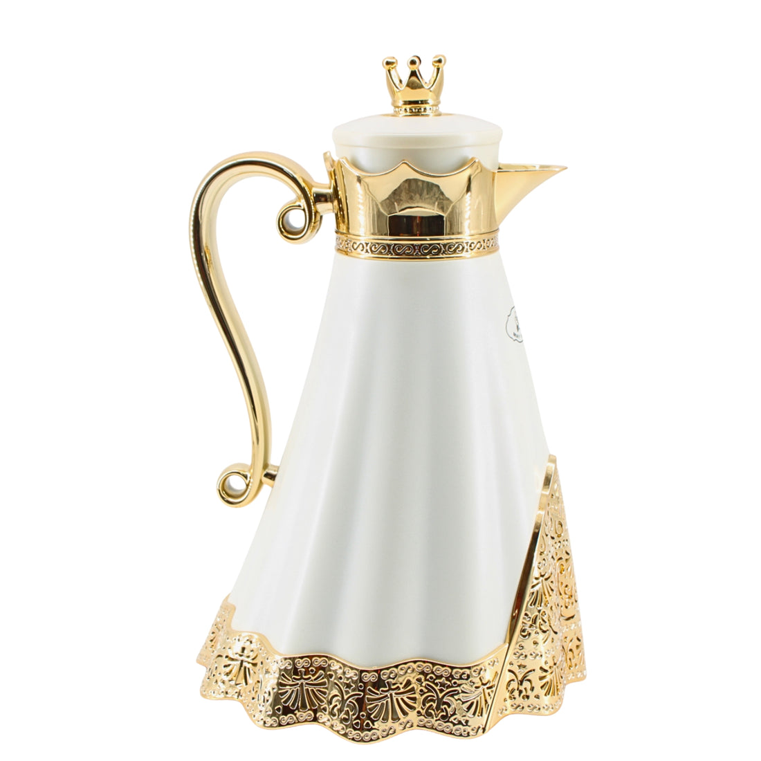 Royal Crown Arabic Coffee Vacuum Flask - White & Gold Finish (1L)