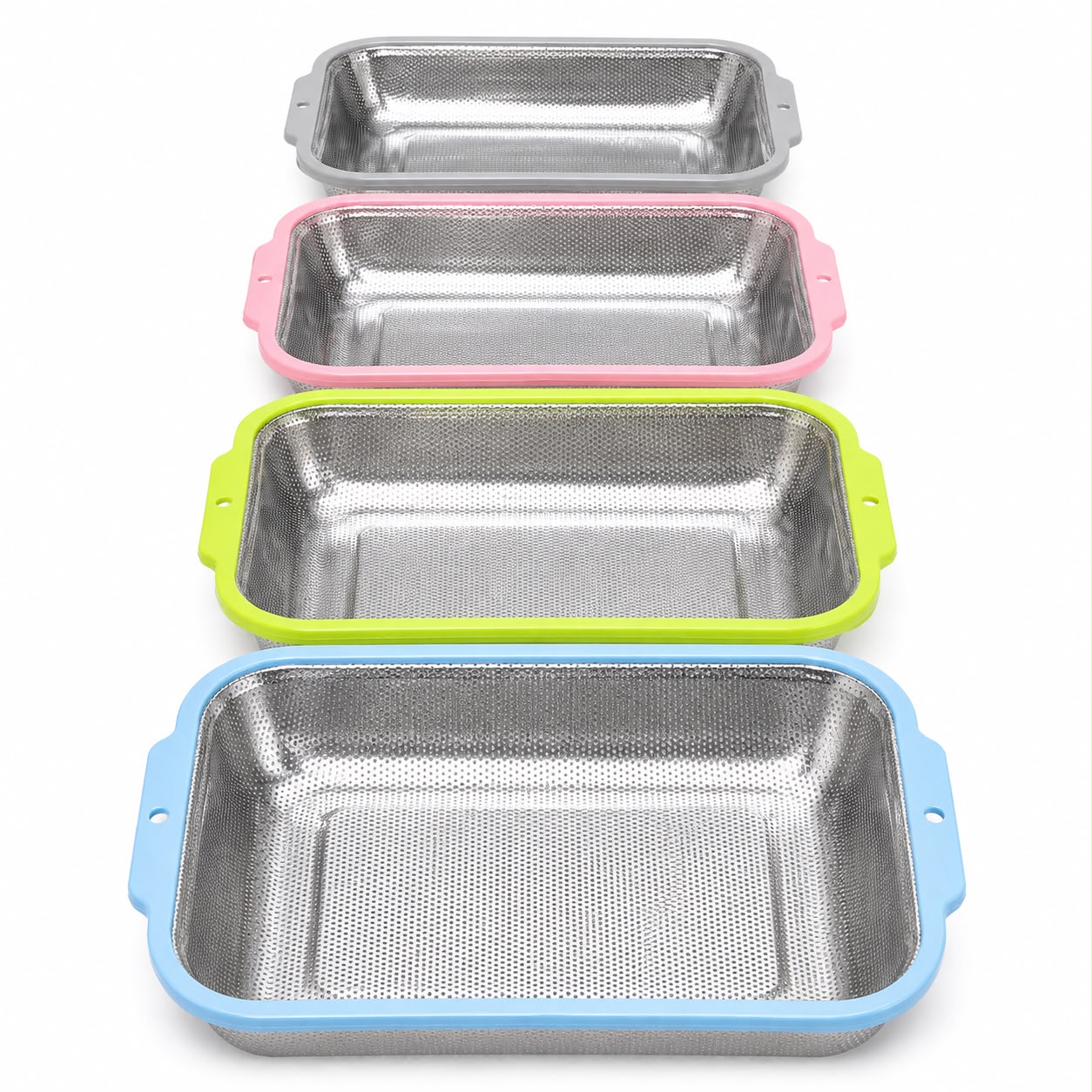 4-PIECE Rectangular Stainless Steel Kitchen Strainer Light Green with Fine Mesh Strainer and Handles