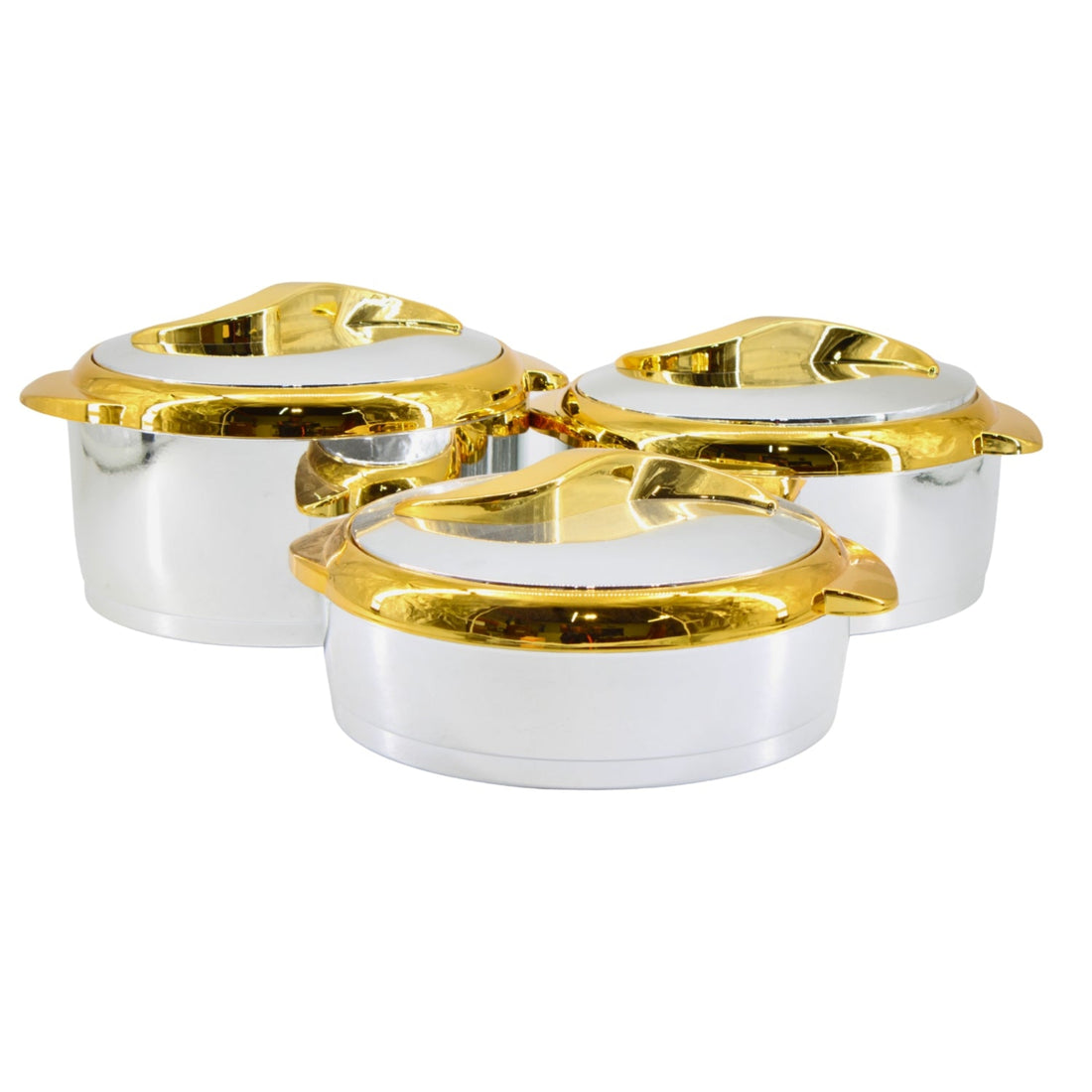 Set of three silver containers with gold lids on a white background