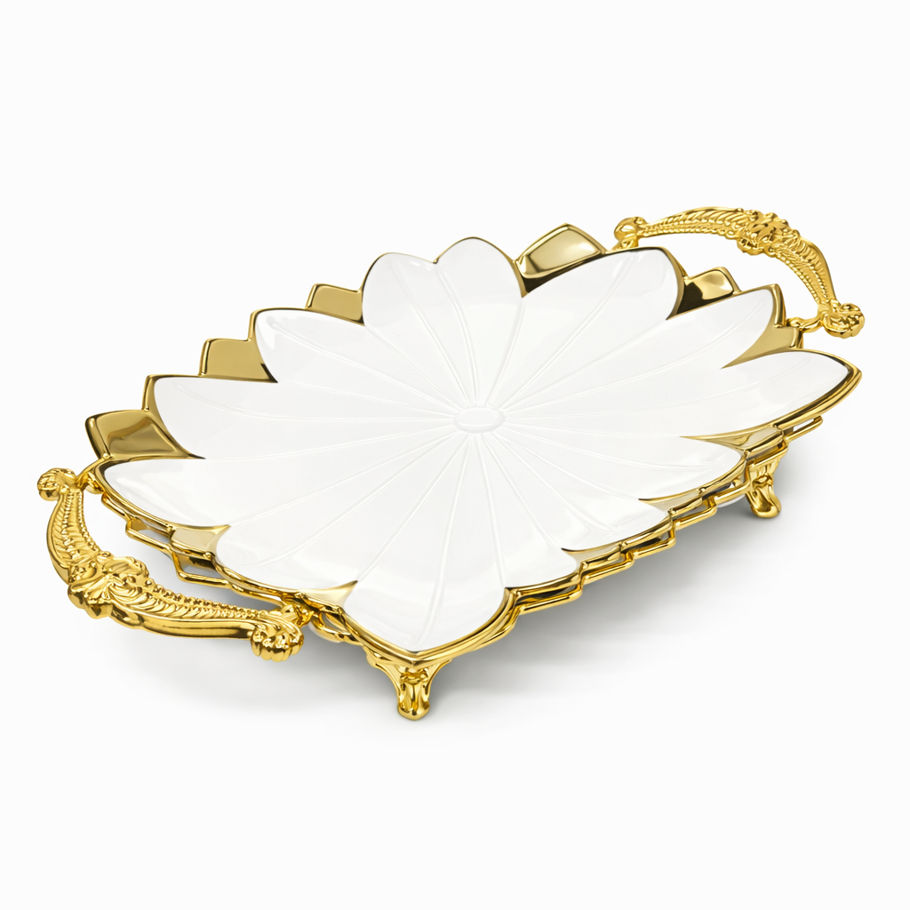 Luxury Floral Ceramic Serving Tray with Gold Handles - Decorative Design