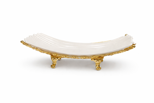 Elegant White Ceramic Centerpiece Bowl with Ornate Gold Stand 13''