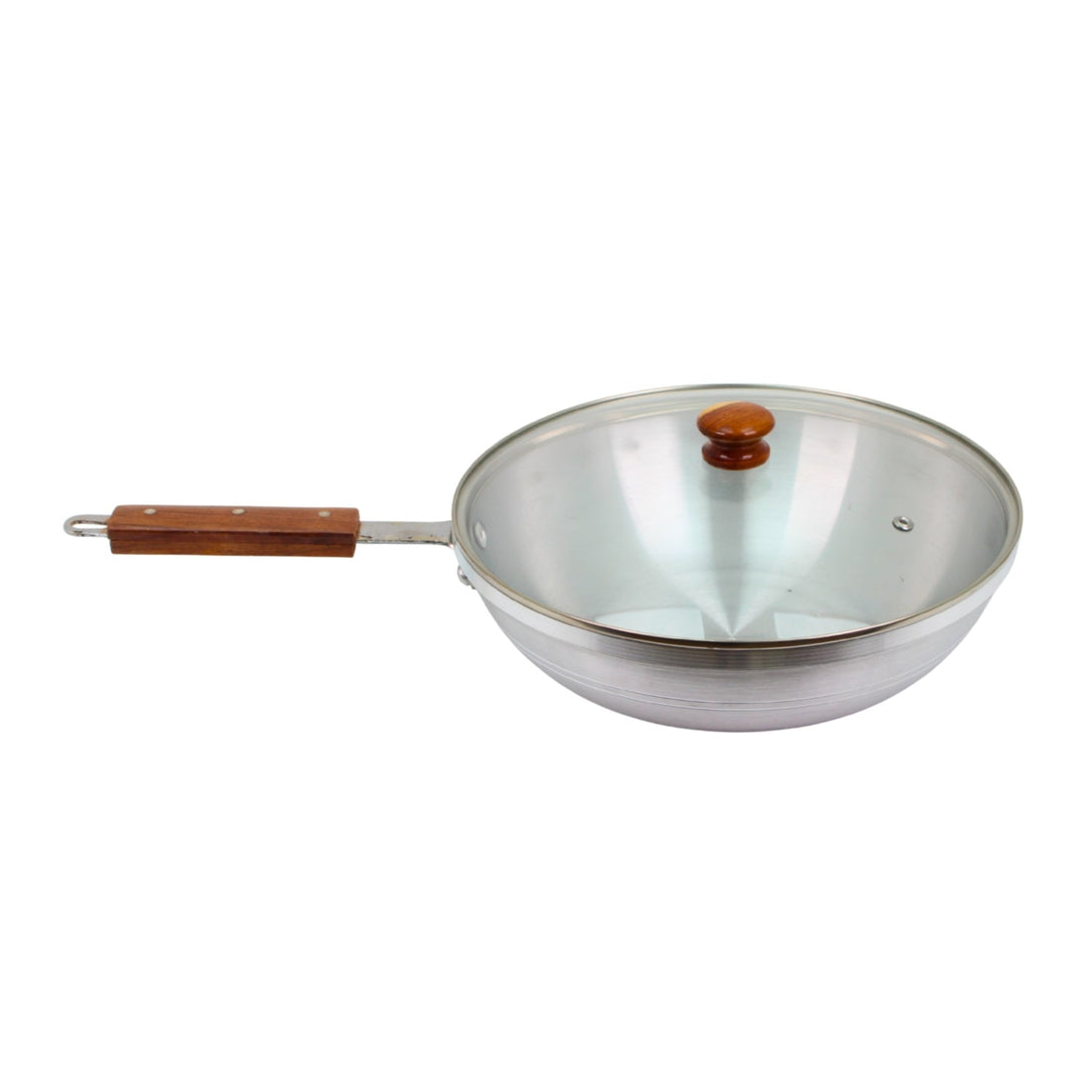 Aluminum Frying Pan with Glass Lid & Wooden Handle - 11.5''