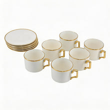 White Porcelain Coffee Cup & Saucer Set with Gold Trim - 12 Piece