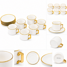 White Porcelain Coffee Cup & Saucer Set with Gold Trim - 12 Piece