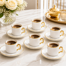 White Porcelain Coffee Cup & Saucer Set with Gold Trim - 12 Piece