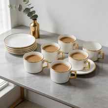 White Porcelain Coffee Cup & Saucer Set with Gold Trim - 12 Piece