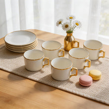 White Porcelain Coffee Cup & Saucer Set with Gold Trim - 12 Piece