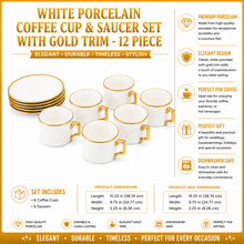 White Porcelain Coffee Cup & Saucer Set with Gold Trim - 12 Piece