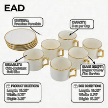 White Porcelain Coffee Cup & Saucer Set with Gold Trim - 12 Piece