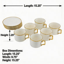 White Porcelain Coffee Cup & Saucer Set with Gold Trim - 12 Piece