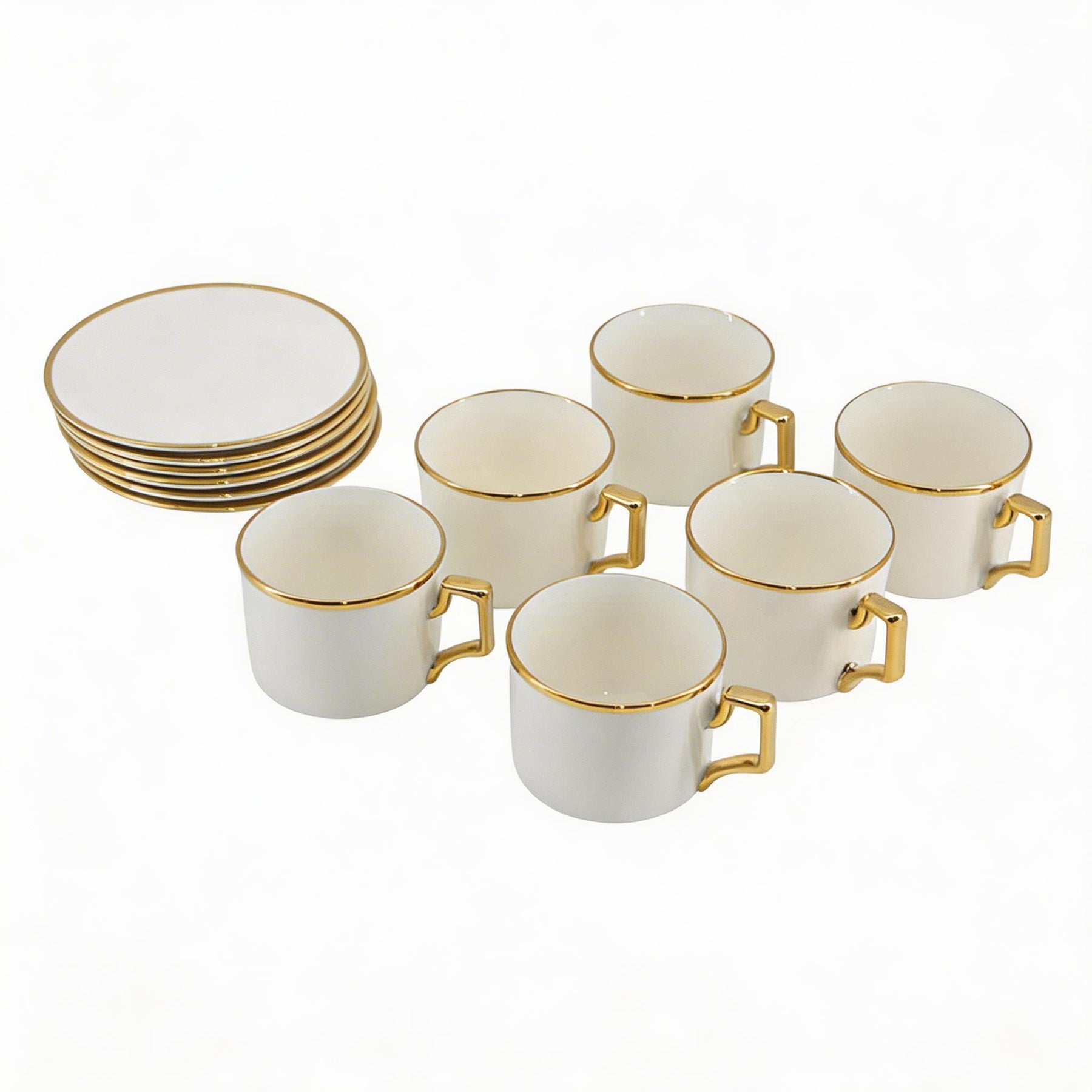 White Porcelain Coffee Cup & Saucer Set with Gold Trim - 12 Piece