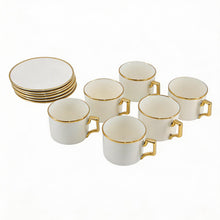 White Porcelain Coffee Cup & Saucer Set with Gold Trim - 12 Piece