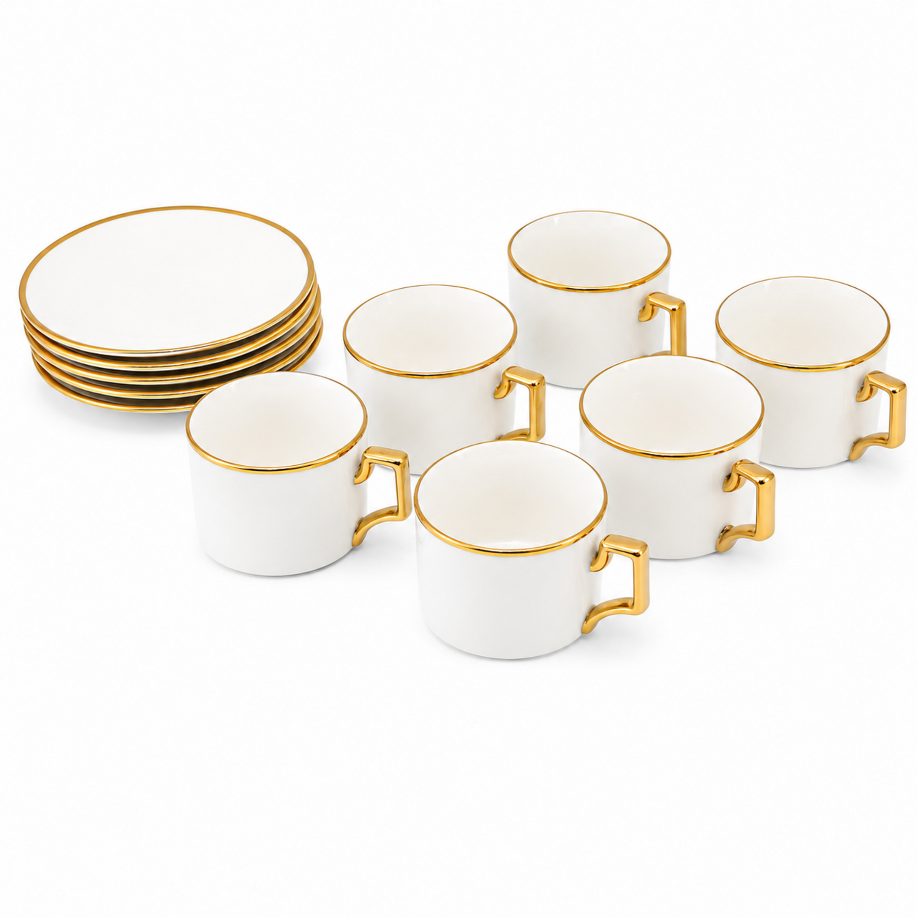 White Porcelain Coffee Cup & Saucer Set with Gold Trim - 12 Piece