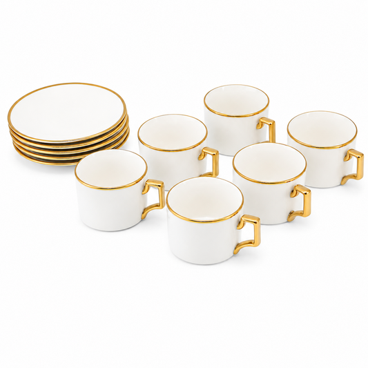 White Porcelain Coffee Cup & Saucer Set with Gold Trim - 12 Piece