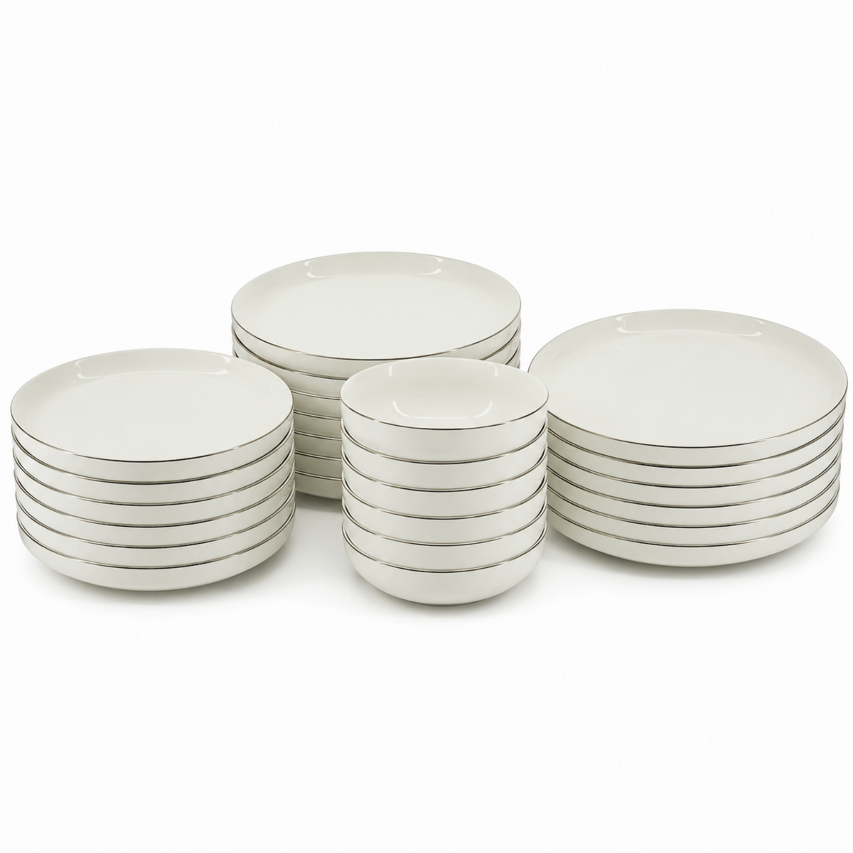 Modern White 24-Piece Dinnerware Set with Silver Trim Plates & Bowls