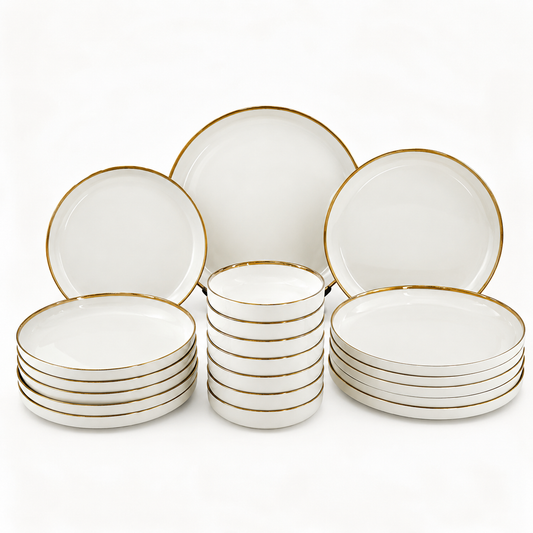 Timeless White Porcelain Dinner Set with Gold Accent - 24 Piece