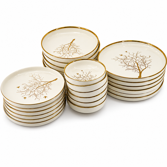 Contemporary White Dinnerware Collection with Tree Design - 24 Piece