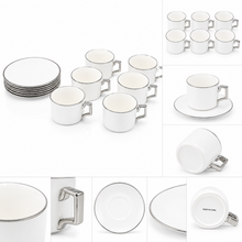 White Porcelain Espresso Cup and Saucer Set with Silver Rim - 12 Piece