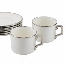 White Porcelain Espresso Cup and Saucer Set with Silver Rim - 12 Piece