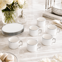 White Porcelain Espresso Cup and Saucer Set with Silver Rim - 12 Piece